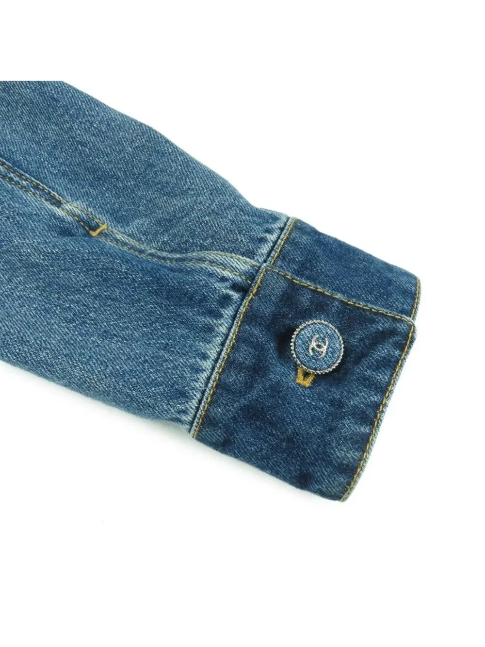 Chanel Collarless Jacket Blue Cotton Coco Button Denim 34